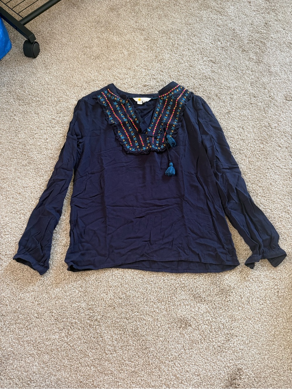 Boden Boho Embroidered V-Neck Long Sleeve Top with Tassels Size 10